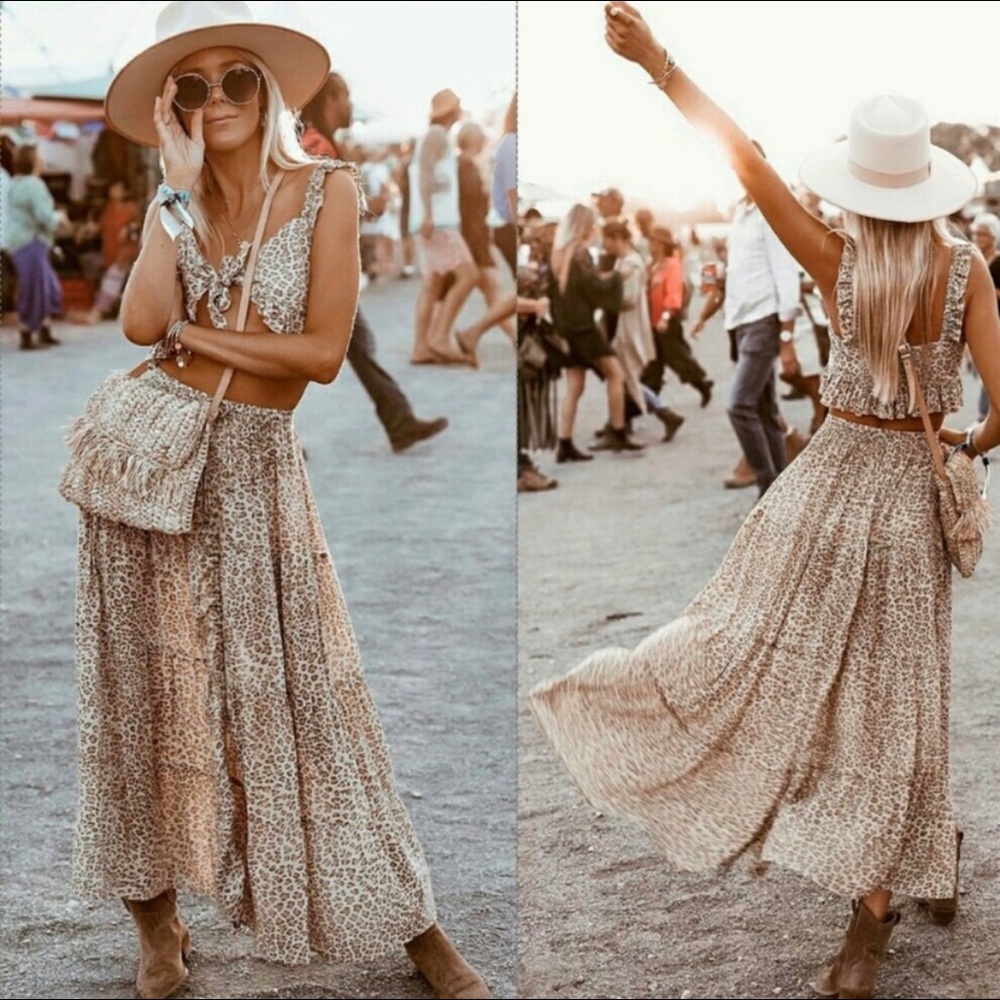 047 Boho Leopard Drawstring Ruffle Maxi Skirt Brown - Picture 5 of 9